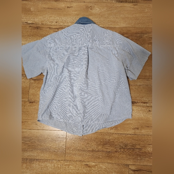 VINTAGE 80's Solutions Embroidered Barn Farm Striped DENIM SHIRT Women's L - Picture 6 of 6